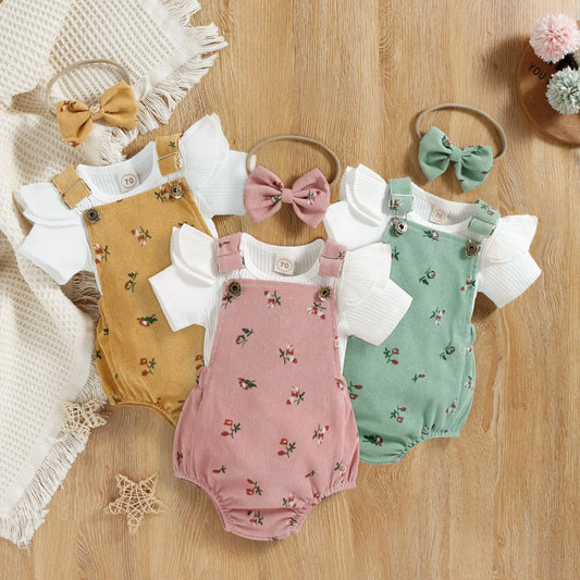 Girls' Floral Corduroy Suspender Pants Set with Headband