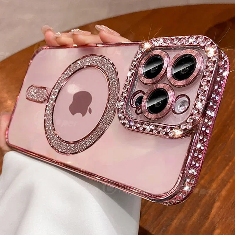 Fashion Girl Pink Crystal Glitter Transparent Magnetic Case For iPhone 16 15 11 12 13 14 Pro Max Wireless Charging Diamond Cover
